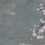 Tapet personalizat zen oriental cu cires japonez si pasari pe un fundal albastru/gri inchis texturat cherry blue
