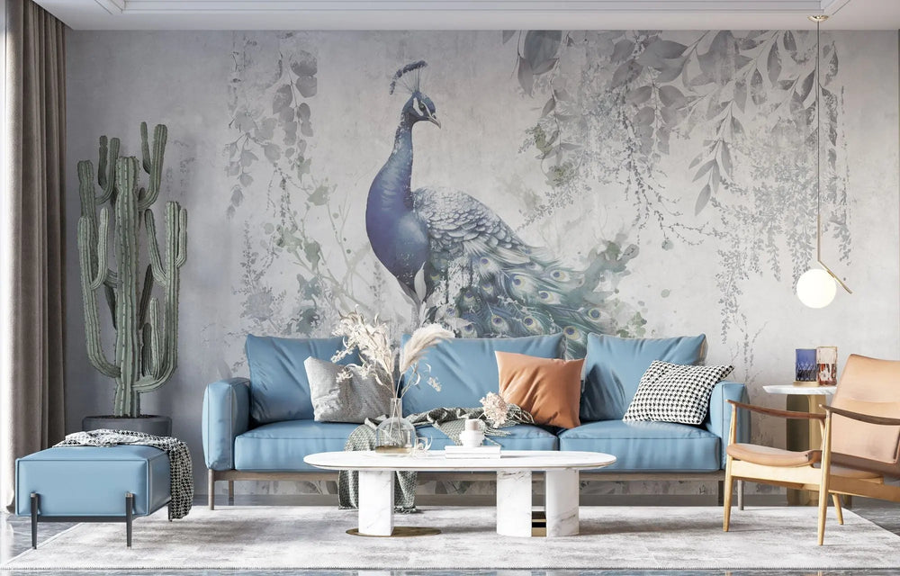 Tapet personalizat zen oriental cu paun aflat printre frunze intr un fundal deschis wisdom