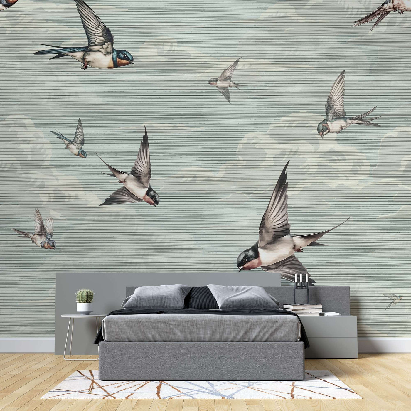 fototapet-personalizat-zen-oriental-cu-randunici-zburand-pe-cerul-albastru-spring-swallows-blue