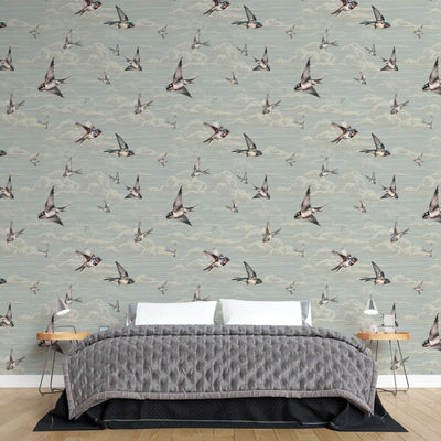 fototapet-personalizat-zen-oriental-cu-randunici-zburand-pe-cerul-albastru-spring-swallows-blue