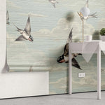 Tapet personalizat zen oriental cu randunici zburand pe cerul albastru spring swallows blue