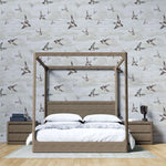 Tapet personalizat zen oriental cu randunici zburand pe cerul bej spring swallows beige