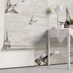 Tapet personalizat zen oriental cu randunici zburand pe cerul bej spring swallows beige