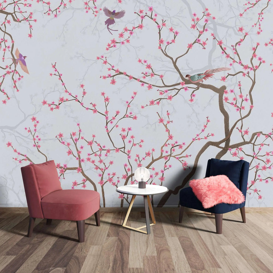 Tapet personalizat zen oriental chinoiserie cu copaci infloriti roz si pasari pink blossom