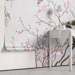 Tapet personalizat zen oriental chinoiserie cu copaci infloriti roz si pasari pink blossom