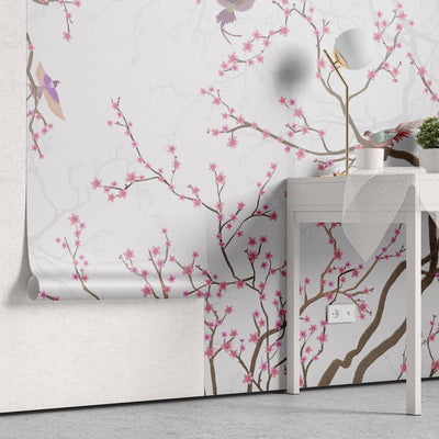 fototapet-personalizat-zen-oriental-chinoiserie-cu-copaci-infloriti-roz-si-pasari-pink-blossom