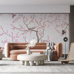 Tapet personalizat zen oriental chinoiserie cu copaci infloriti roz si pasari pink blossom