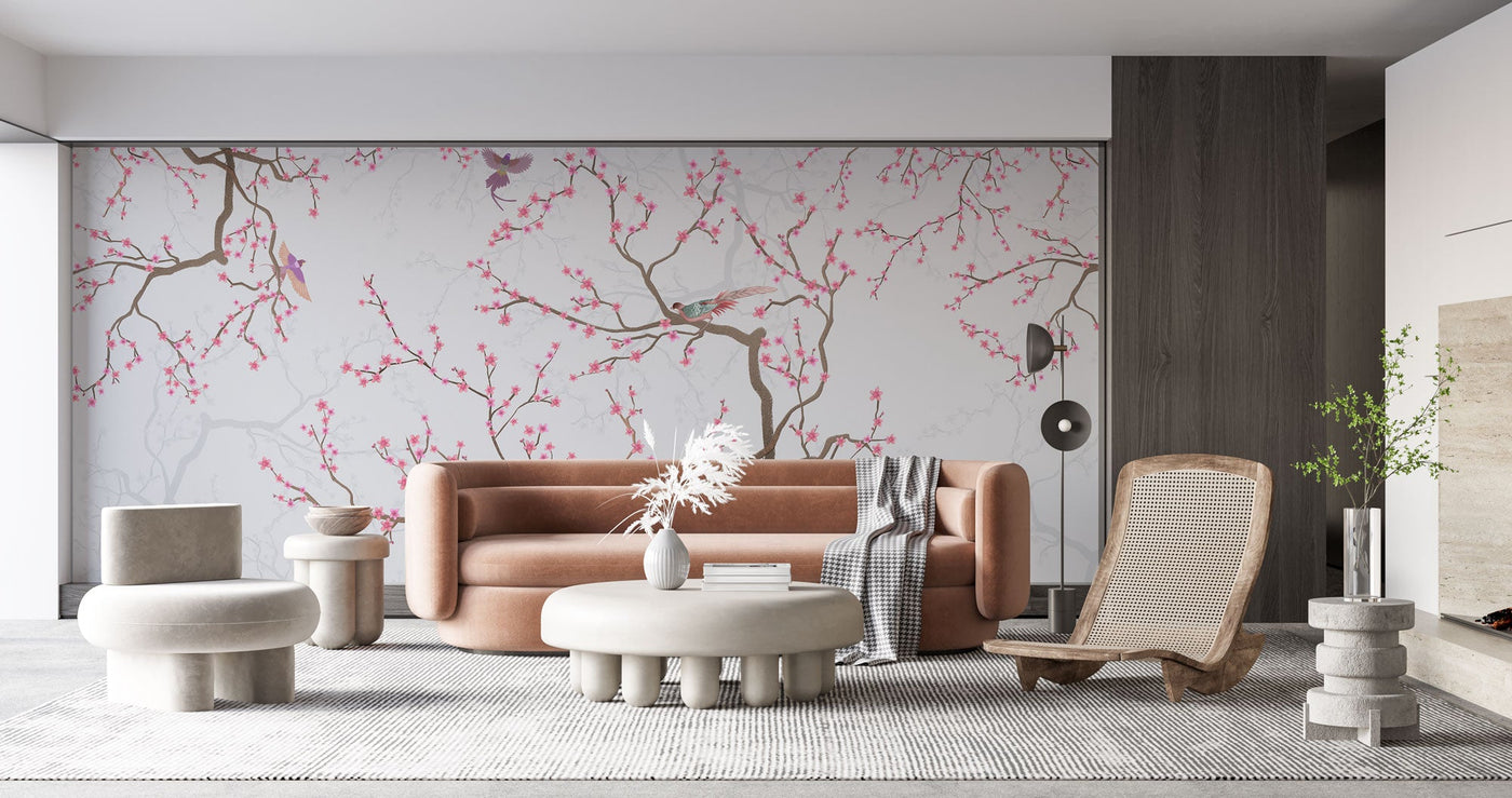 fototapet-personalizat-zen-oriental-chinoiserie-cu-copaci-infloriti-roz-si-pasari-pink-blossom