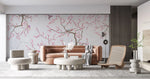 Tapet personalizat zen oriental chinoiserie cu copaci infloriti roz si pasari pink blossom