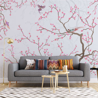 fototapet-personalizat-zen-oriental-chinoiserie-cu-copaci-infloriti-roz-si-pasari-pink-blossom