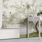Tapet personalizat zen oriental chinoiserie cu peisaj oriental cu pasari si copaci inconjurati de lac oriental landscape