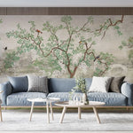 Tapet personalizat zen oriental chinoiserie cu peisaj oriental cu pasari si copaci inconjurati de lac oriental landscape