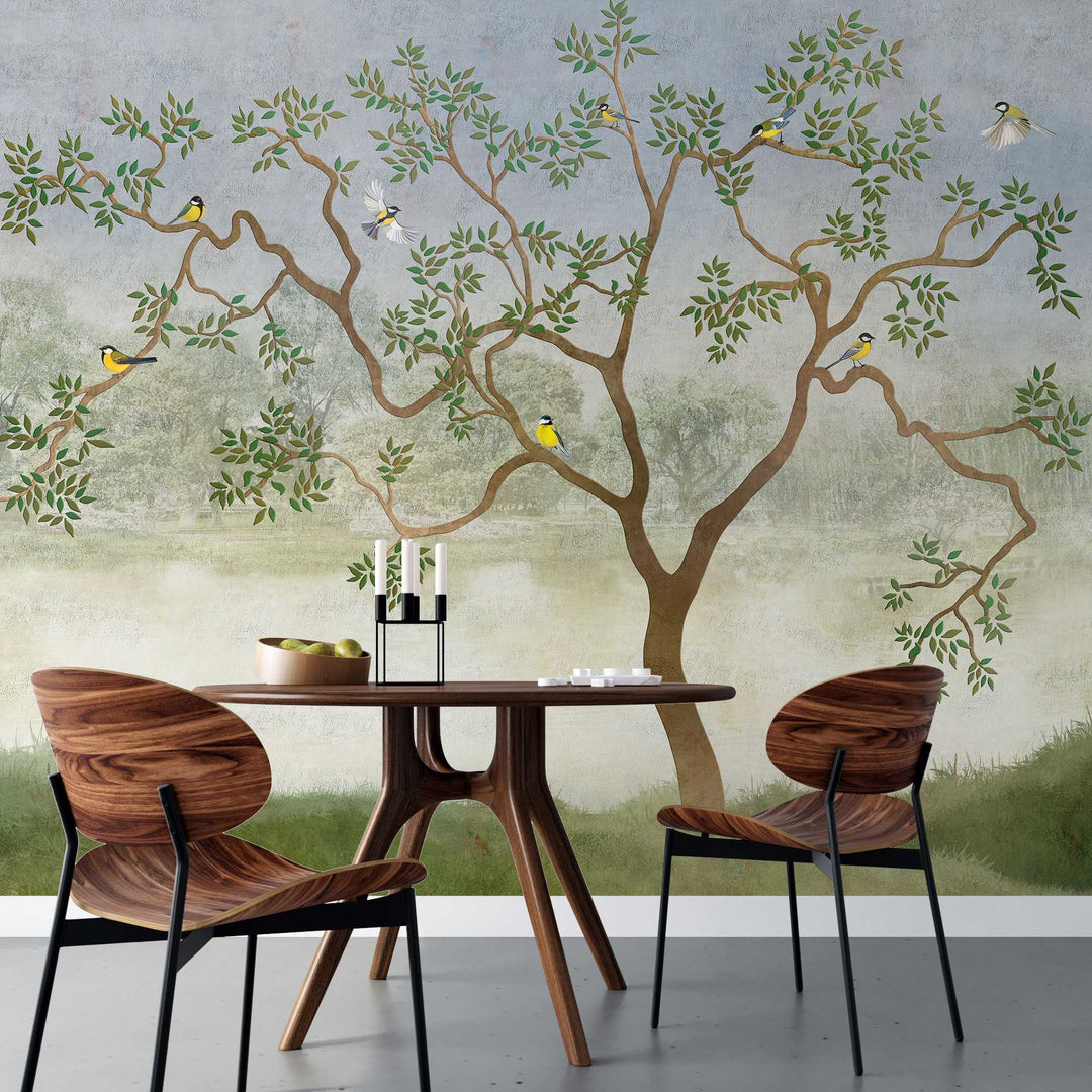 Tapet personalizat zen oriental chinoiserie cu peisaj oriental cu pasari si copaci langa lac oriental dawn