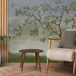 Tapet personalizat zen oriental chinoiserie cu peisaj oriental cu pasari si copaci langa lac oriental dawn