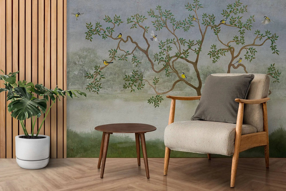Tapet personalizat zen oriental chinoiserie cu peisaj oriental cu pasari si copaci langa lac oriental dawn