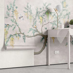 Tapet personalizat zen oriental chinoiserie cu peisaj oriental cu pasari in copac oriental cu fundal texturat bird chinoiserie