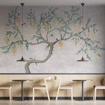 Tapet personalizat zen oriental chinoiserie cu peisaj oriental cu pasari in copac oriental cu fundal texturat bird chinoiserie