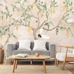 Tapet personalizat zen oriental chinoiserie cu peisaj oriental cu pasari in copac oriental cu fundal roz texturat crane chinoiserie