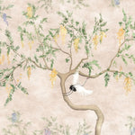 Tapet personalizat zen oriental chinoiserie cu peisaj oriental cu pasari in copac oriental cu fundal roz texturat crane chinoiserie