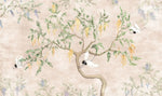 Tapet personalizat zen oriental chinoiserie cu peisaj oriental cu pasari in copac oriental cu fundal roz texturat crane chinoiserie