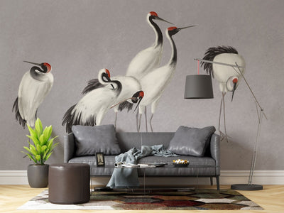 tapet personalizat zen oriental cu cocori eleganti intr un cadru simplist evocand liniste si puritate misty cranes