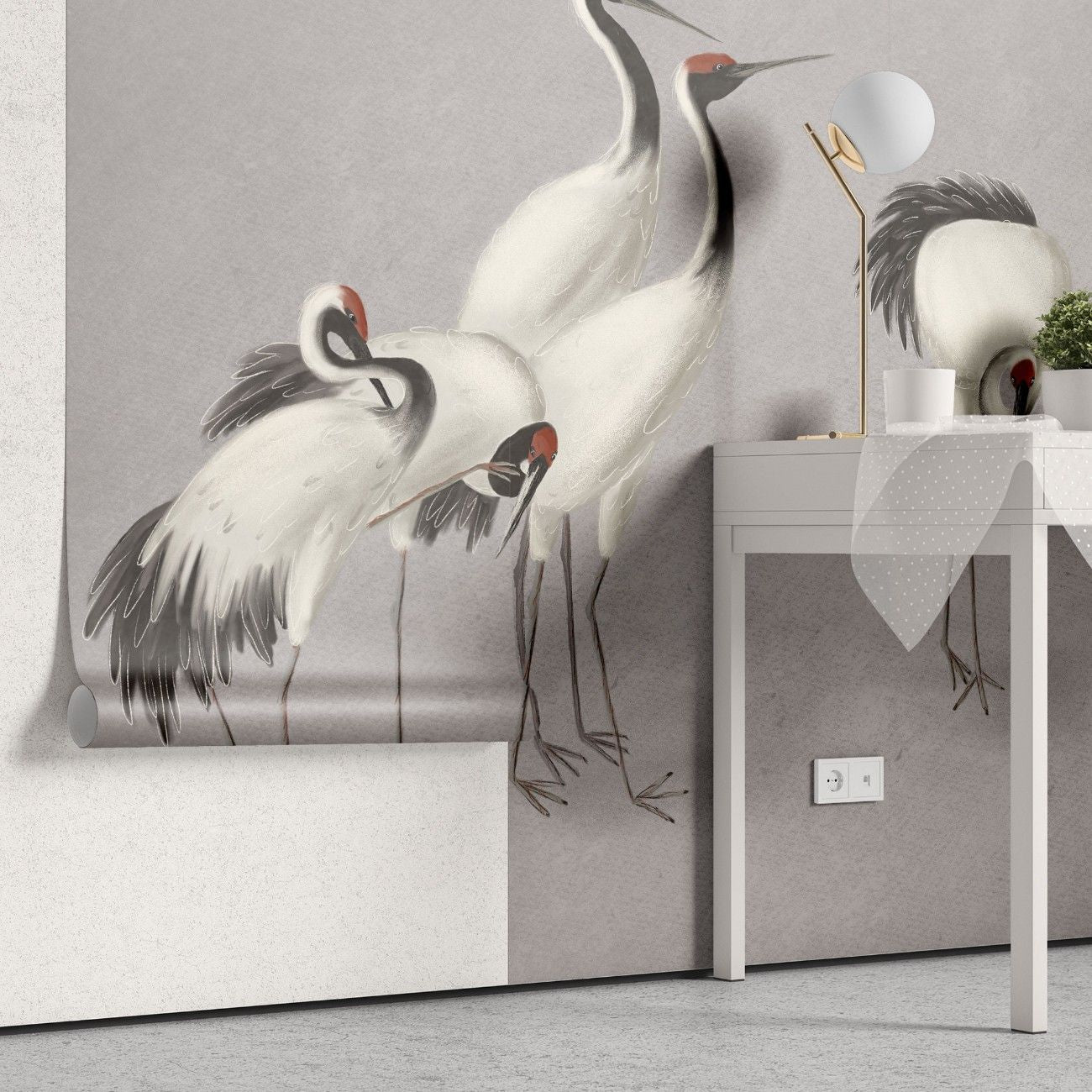 tapet personalizat zen oriental cu cocori eleganti intr un cadru simplist evocand liniste si puritate misty cranes