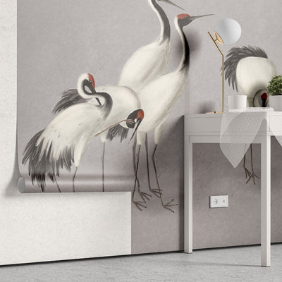 tapet personalizat zen oriental cu cocori eleganti intr un cadru simplist evocand liniste si puritate misty cranes