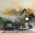 Tapet personalizat zen oriental ce ilustreaza un sat linistit de munte cu arhitectura traditionala in tonuri calme aducand o nota de pace si simplitate quiet village