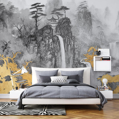 tapet personalizat zen oriental cu o cascada inghetata intr un peisaj montan oferind o priveliste de o frumusete rece si senina frozen waterfall