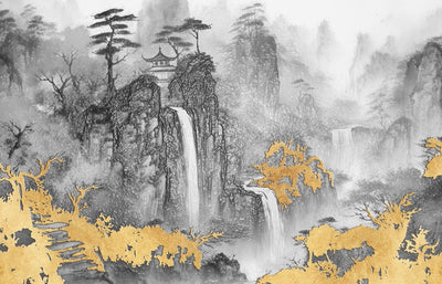 tapet personalizat zen oriental cu o cascada inghetata intr un peisaj montan oferind o priveliste de o frumusete rece si senina frozen waterfall