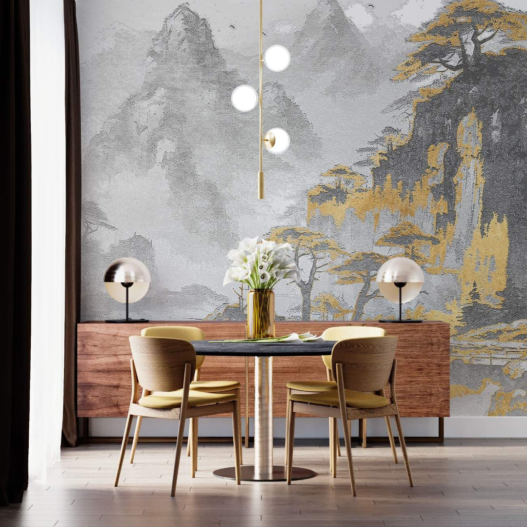 Tapet personalizat zen oriental cu un peisaj monocrom cu accent aurii ce evidentiaza un lac in care se reflecta formele si culorile apusului creand o imagine de o frumusete calda si linistitoare shimmering reflection