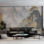 Tapet personalizat zen oriental cu un peisaj monocrom cu accent aurii ce evidentiaza un lac in care se reflecta formele si culorile apusului creand o imagine de o frumusete calda si linistitoare shimmering reflection