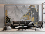 Tapet personalizat zen oriental cu un peisaj monocrom cu accent aurii ce evidentiaza un lac in care se reflecta formele si culorile apusului creand o imagine de o frumusete calda si linistitoare shimmering reflection