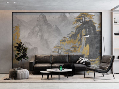 tapet personalizat zen oriental cu un peisaj monocrom cu accent aurii ce evidentiaza un lac in care se reflecta formele si culorile apusului creand o imagine de o frumusete calda si linistitoare shimmering reflection