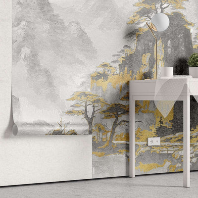 tapet personalizat zen oriental cu un peisaj monocrom cu accent aurii ce evidentiaza un lac in care se reflecta formele si culorile apusului creand o imagine de o frumusete calda si linistitoare shimmering reflection