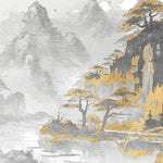 Tapet personalizat zen oriental cu un peisaj monocrom cu accent aurii ce evidentiaza un lac in care se reflecta formele si culorile apusului creand o imagine de o frumusete calda si linistitoare shimmering reflection