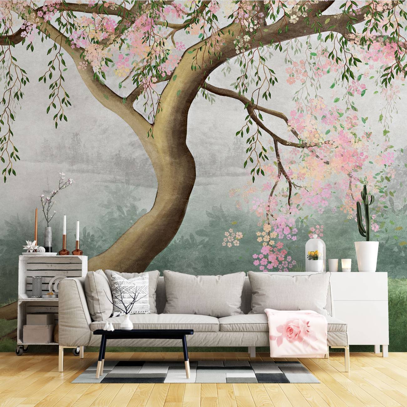 tapet personalizat zen oriental cu infloriri delicate de cires creand o atmosfera primavaratica plina de eleganta si fragilitate cherry whispers