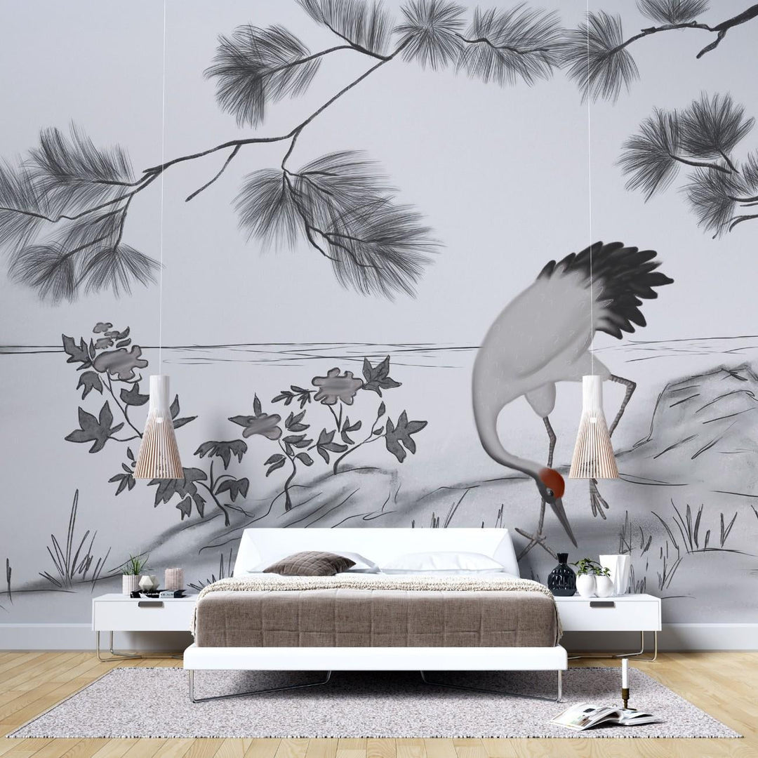 Tapet personalizat zen oriental cu o schita artistica de cocor creand un efect vizual delicat si plin de gratie sketch crane