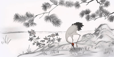 tapet personalizat zen oriental cu o schita artistica de cocor creand un efect vizual delicat si plin de gratie sketch crane