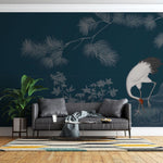 Tapet personalizat zen oriental cu un cocor elegant in nuante intunecate evocand misterul si frumusetea noptii midnight crane