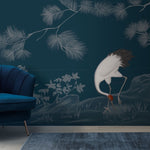 Tapet personalizat zen oriental cu un cocor elegant in nuante intunecate evocand misterul si frumusetea noptii midnight crane