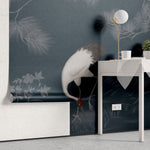 Tapet personalizat zen oriental cu un cocor elegant in nuante intunecate evocand misterul si frumusetea noptii midnight crane