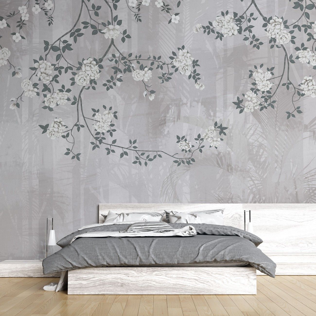 tapet personalizat zen oriental chinoiserie cu elemente florale pe un fundal de umbre de bambus aducand o nota de eleganta exotica si rafinament bamboo chinoiserie