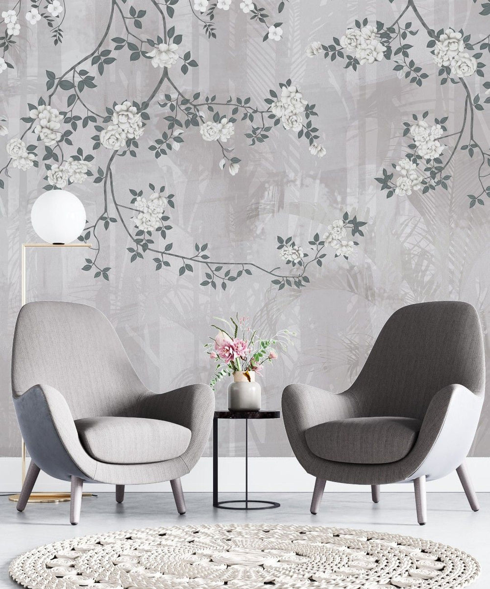 Tapet personalizat zen oriental chinoiserie cu elemente florale pe un fundal de umbre de bambus aducand o nota de eleganta exotica si rafinament bamboo chinoiserie
