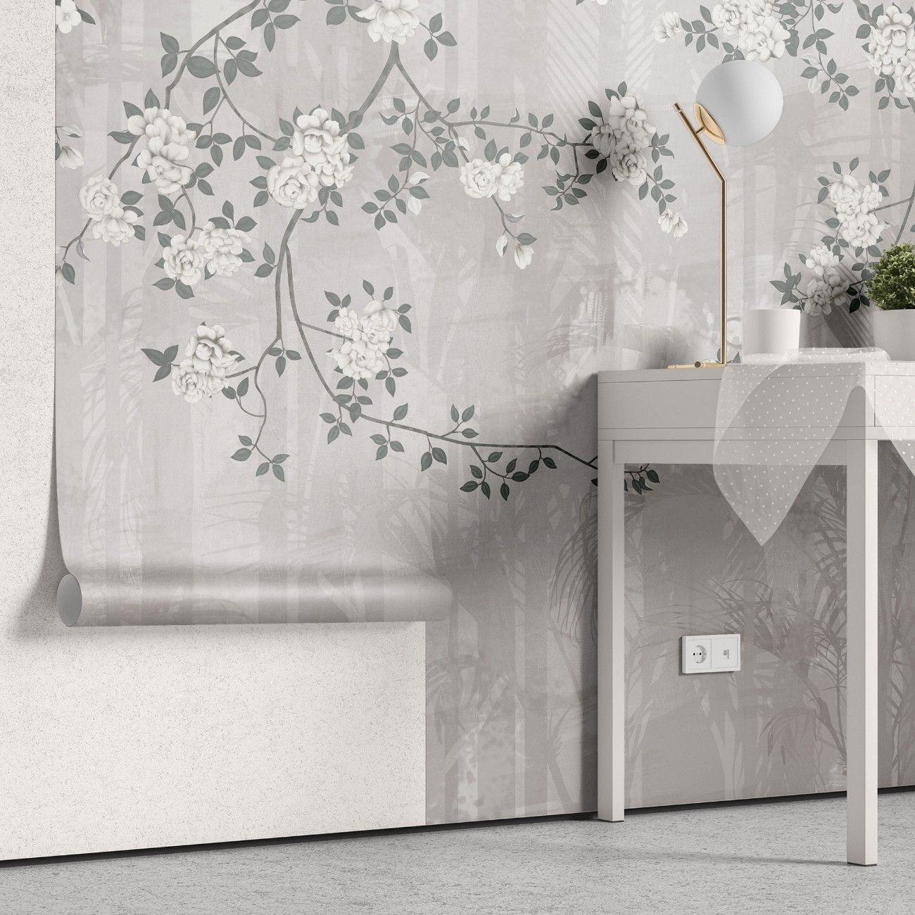 tapet personalizat zen oriental chinoiserie cu elemente florale pe un fundal de umbre de bambus aducand o nota de eleganta exotica si rafinament bamboo chinoiserie