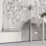 Tapet personalizat zen oriental chinoiserie cu elemente florale pe un fundal de umbre de bambus aducand o nota de eleganta exotica si rafinament bamboo chinoiserie