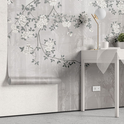 tapet personalizat zen oriental chinoiserie cu elemente florale pe un fundal de umbre de bambus aducand o nota de eleganta exotica si rafinament bamboo chinoiserie