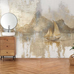 Tapet personalizat zen oriental cu o barca solitara sub un apus auriu simbolizand calatoria interioara si linistea suprema golden zen boat