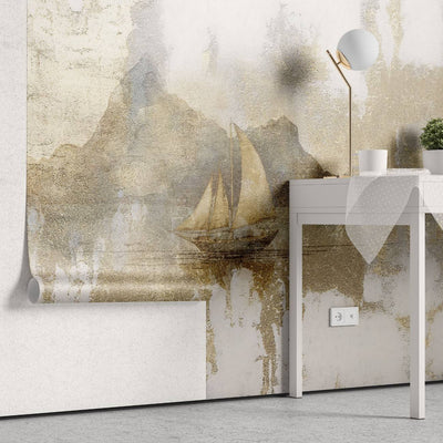 tapet personalizat zen oriental cu o barca solitara sub un apus auriu simbolizand calatoria interioara si linistea suprema golden zen boat