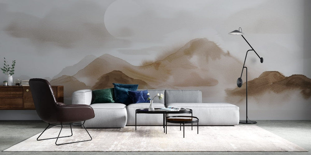 Tapet personalizat zen oriental cu un munte delicat in acuarela evocand fragilitatea naturii si serenitatea peisajului frail mountain